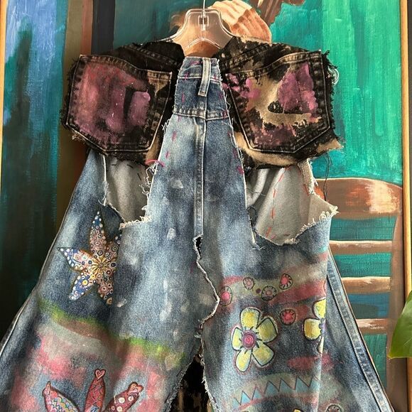 Patchwork Denim Jumper Skirt Upcycled Overall Dress Painted One of a Kind OS - Picture 16 of 16